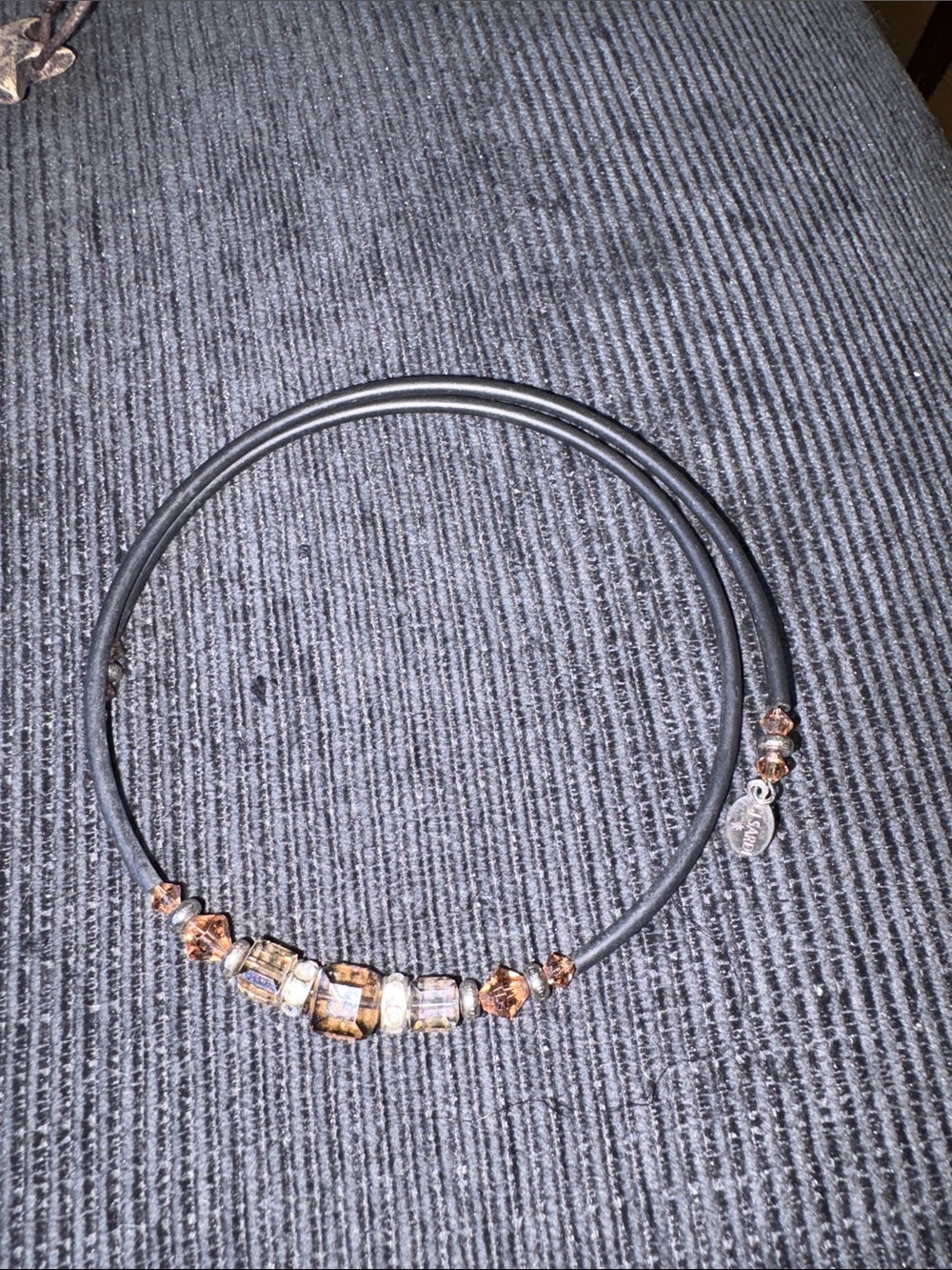 18- CJ SARDI Elegant Black Leather Choker Necklace with Amber Crystal Beads